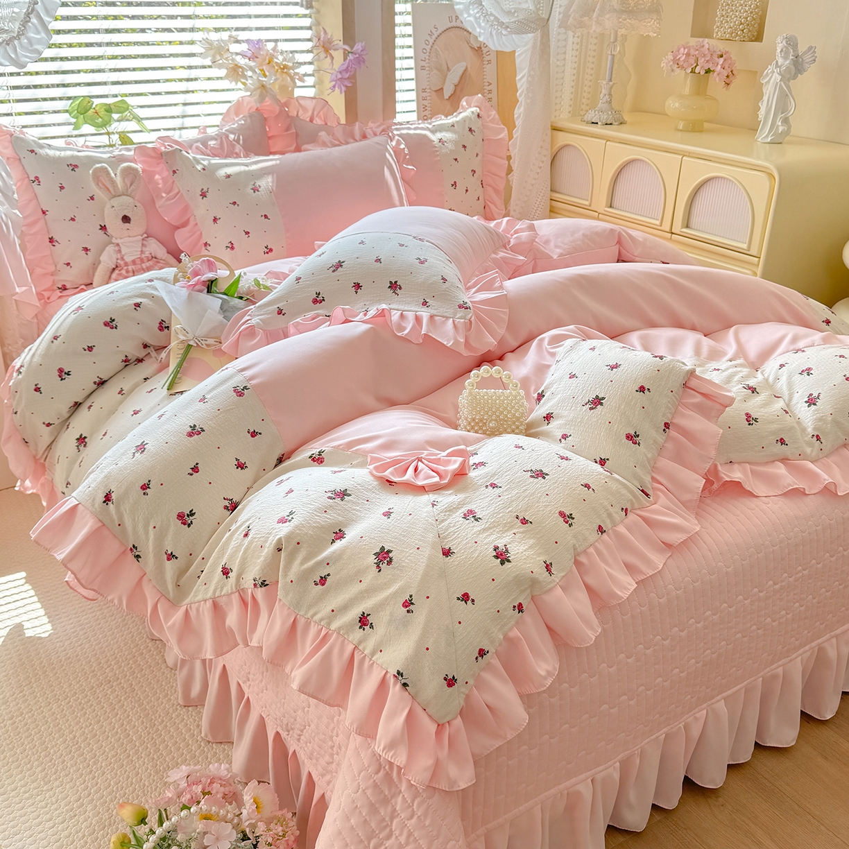 91家纺网 家纺一手货源 找家纺 唐人居 2026新款水洗棉花边床盖四件套-彩色波点 彩色波点-粉