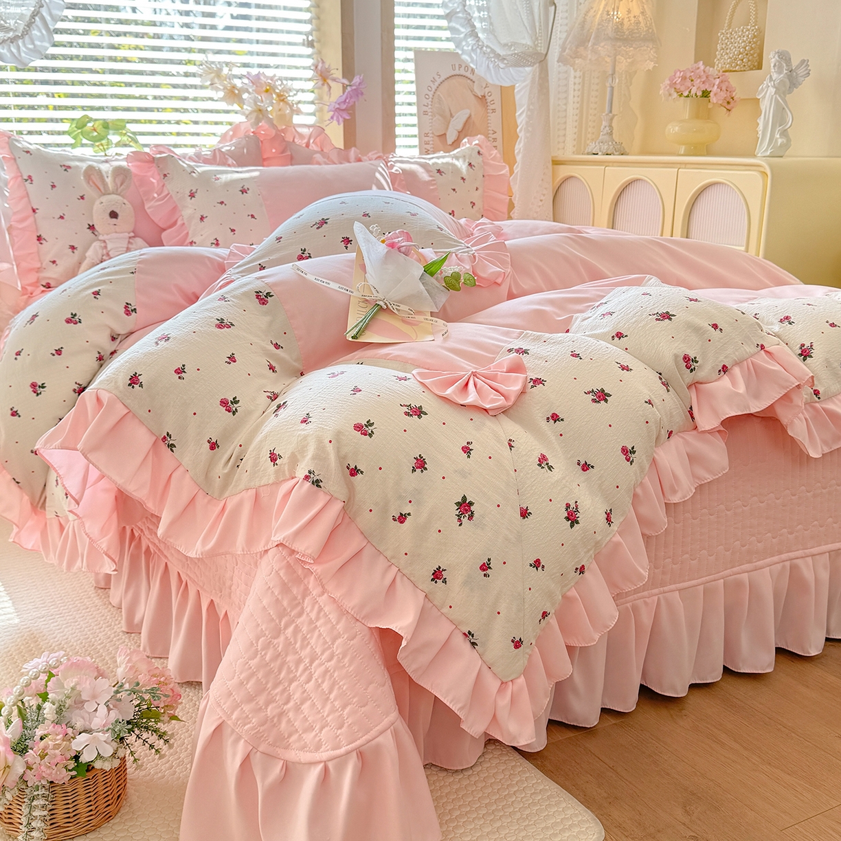 91家纺网 家纺一手货源 找家纺 唐人居 2026新款水洗棉花边床盖四件套-彩色波点 彩色波点-粉