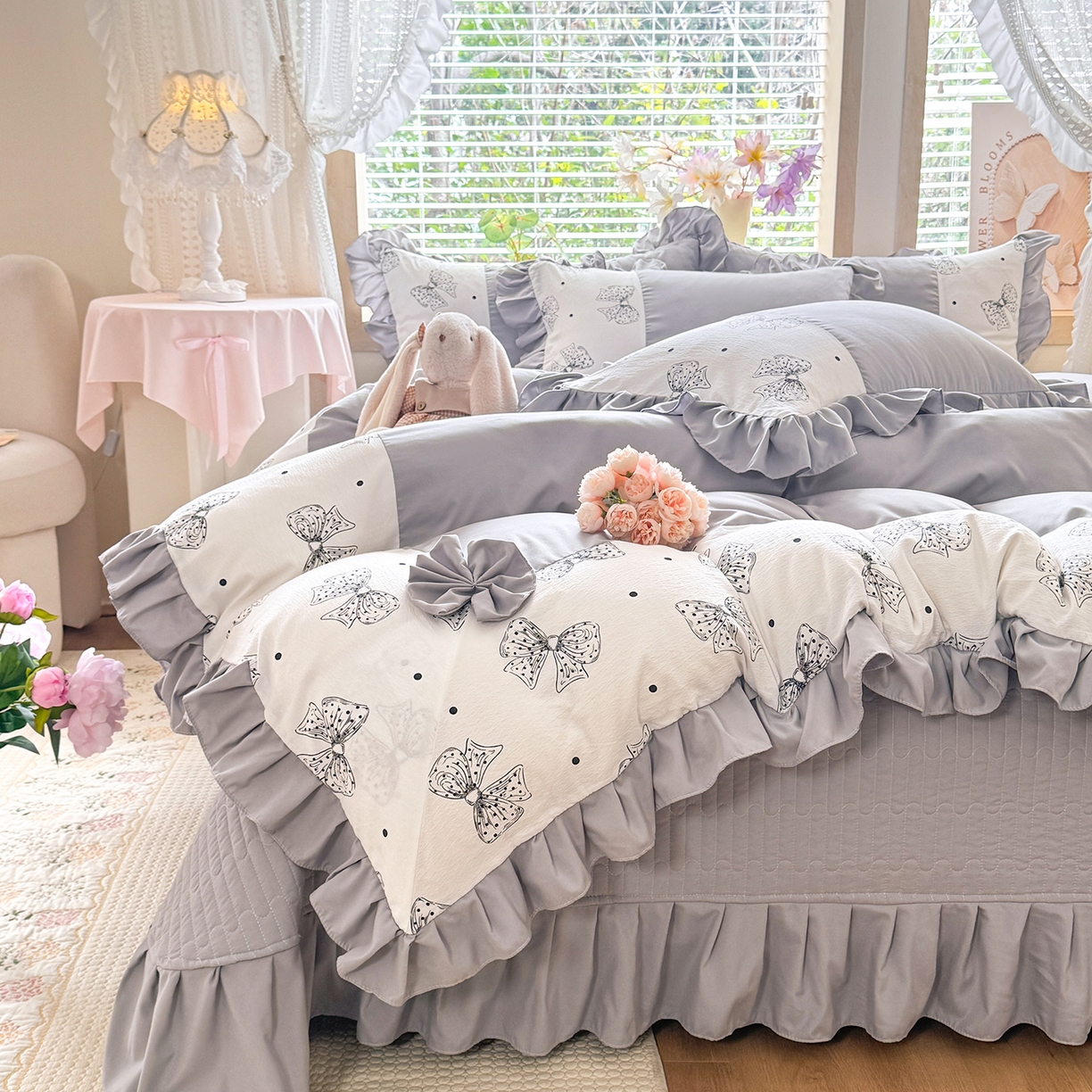 91家纺网 家纺一手货源 找家纺 唐人居 2026新款水洗棉花边床盖四件套-彩色波点 彩色波点-灰