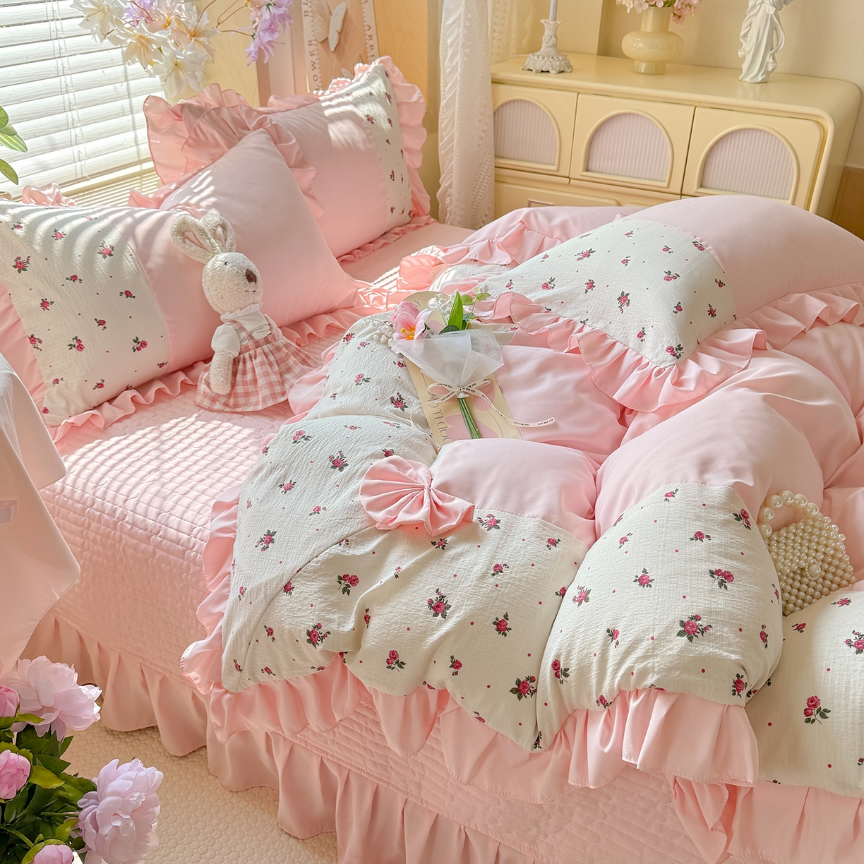 91家纺网 家纺一手货源 找家纺 唐人居 2026新款水洗棉花边床盖四件套-彩色波点 彩色波点-粉