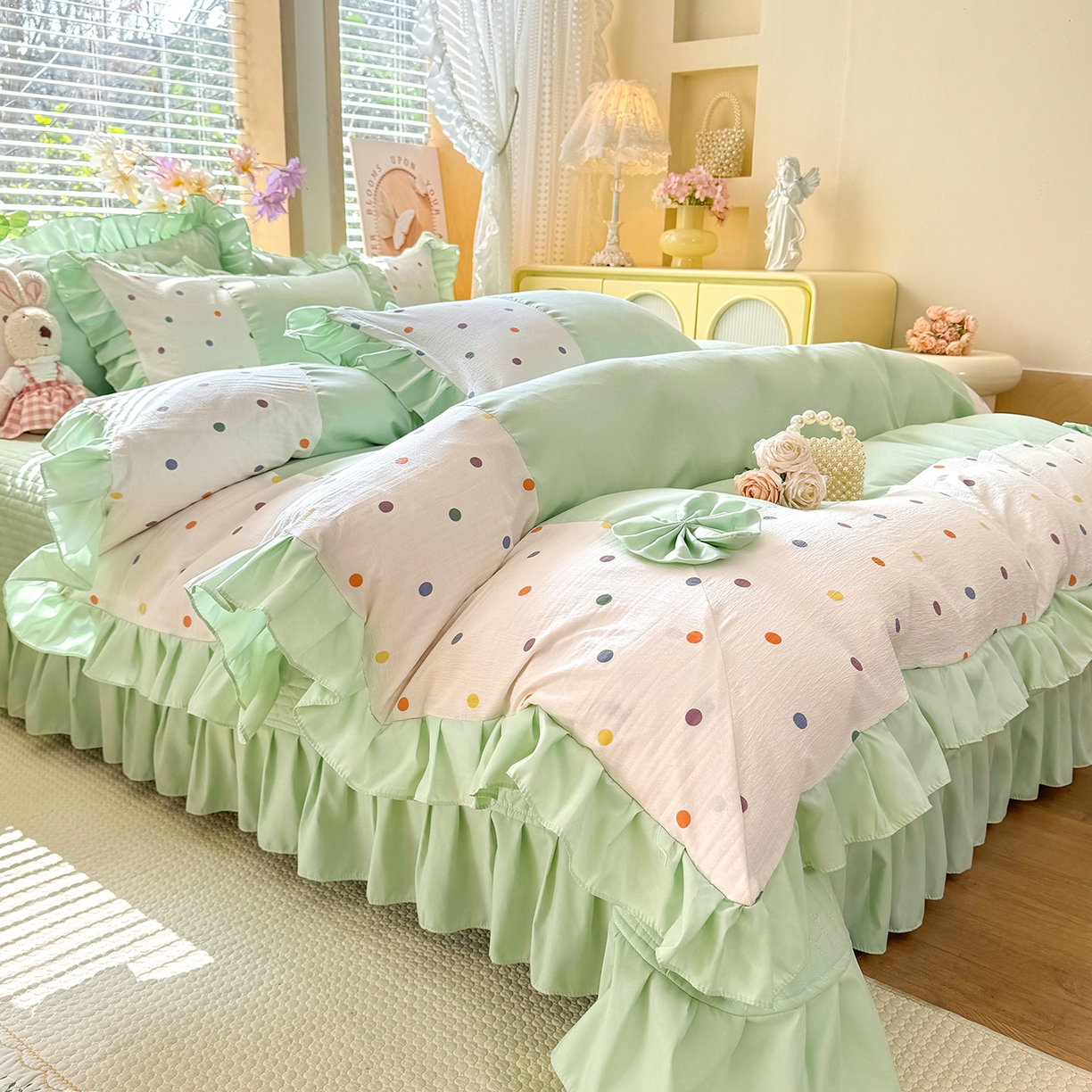 91家纺网 家纺一手货源 找家纺 唐人居 2026新款水洗棉花边床盖四件套-彩色波点 彩色波点-绿