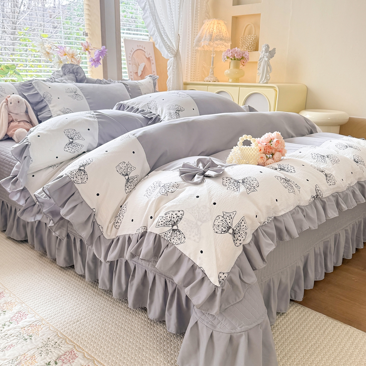 91家纺网 家纺一手货源 找家纺 唐人居 2026新款水洗棉花边床盖四件套-彩色波点 彩色波点-灰