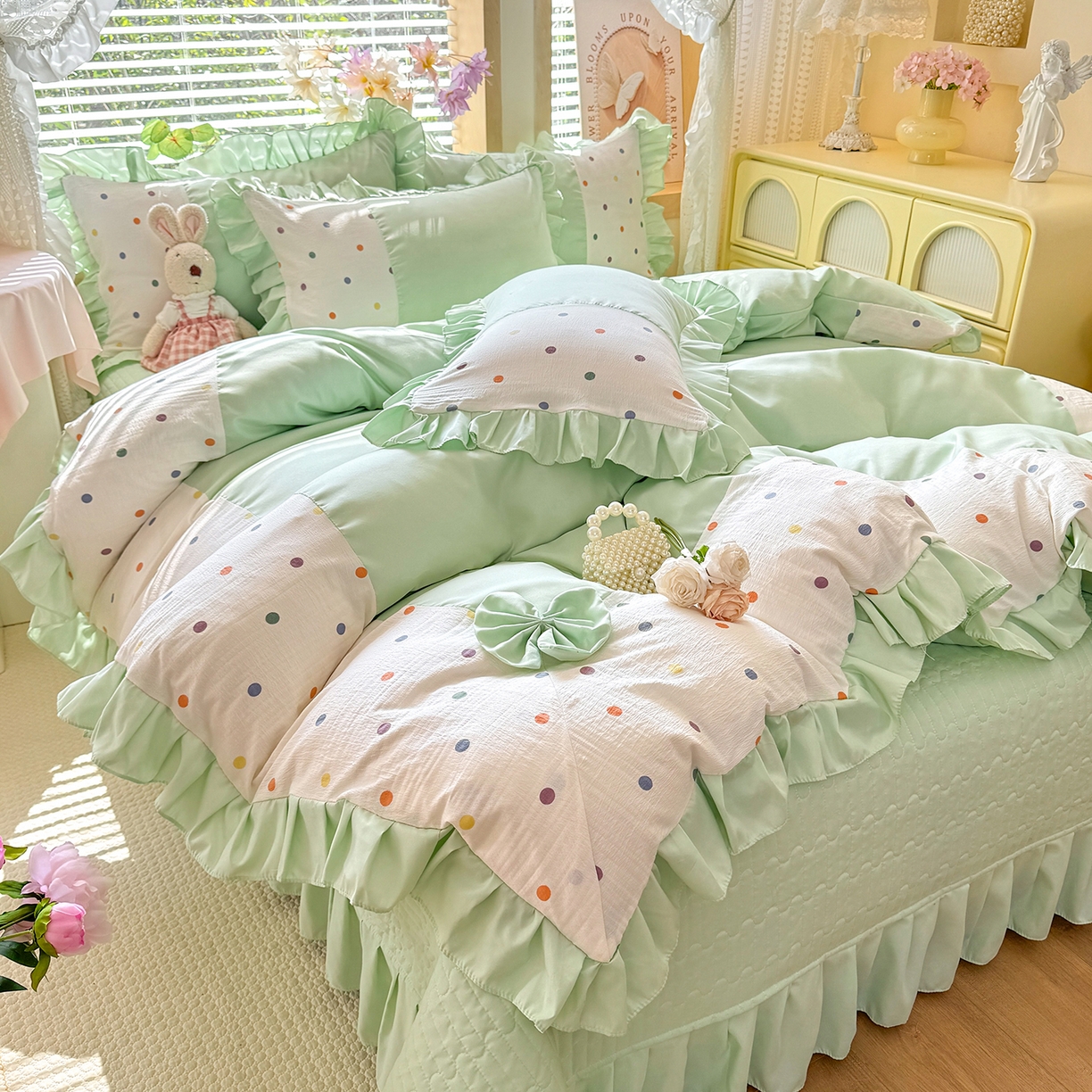 91家纺网 家纺一手货源 找家纺 唐人居 2026新款水洗棉花边床盖四件套-彩色波点 彩色波点-绿