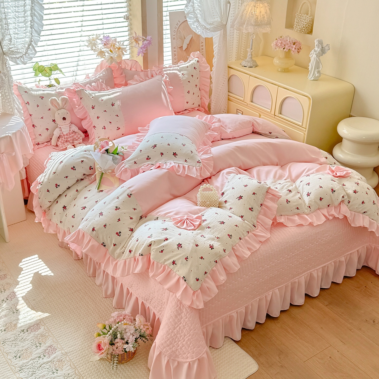 91家纺网 家纺一手货源 找家纺 唐人居 2026新款水洗棉花边床盖四件套-彩色波点 彩色波点-粉