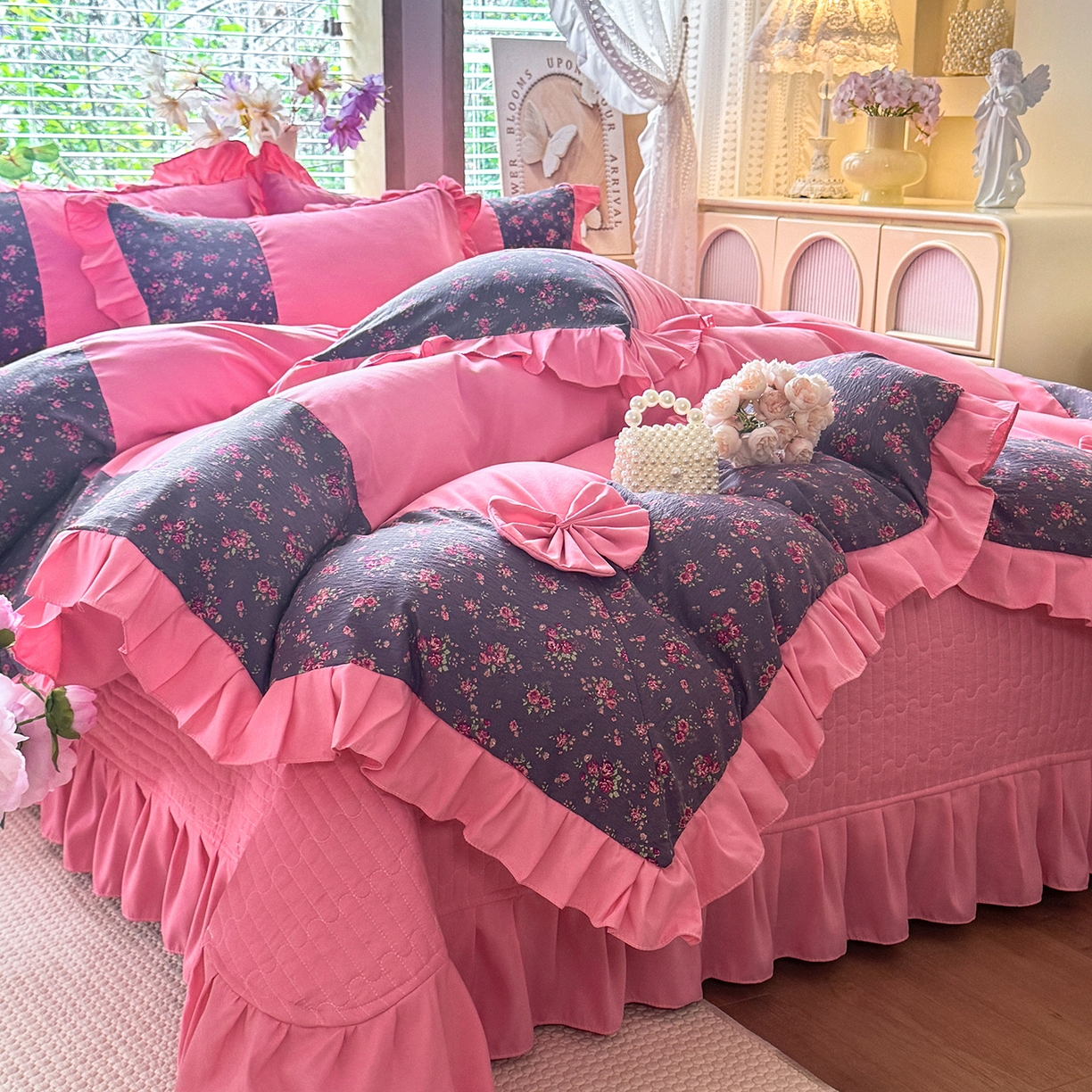 91家纺网 家纺一手货源 找家纺 唐人居 2026新款水洗棉花边床盖四件套-彩色波点 彩色波点-玫红