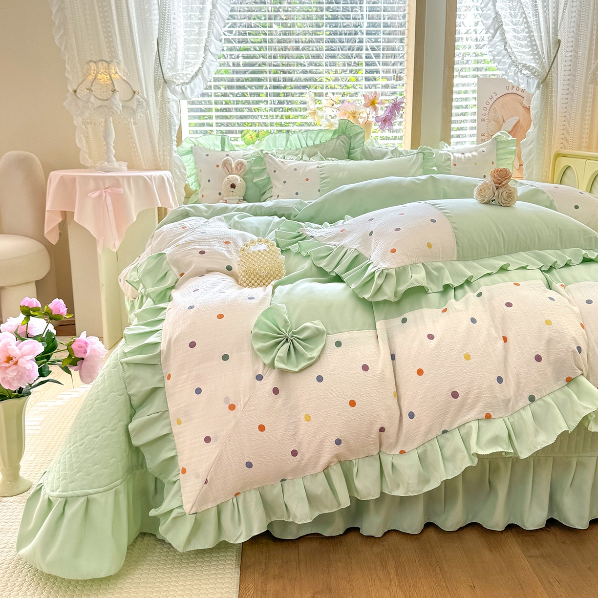 91家纺网 家纺一手货源 找家纺 唐人居 2026新款水洗棉花边床盖四件套-彩色波点 彩色波点-绿