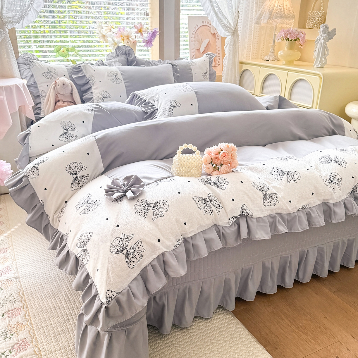 91家纺网 家纺一手货源 找家纺 唐人居 2026新款水洗棉花边床盖四件套-彩色波点 彩色波点-灰