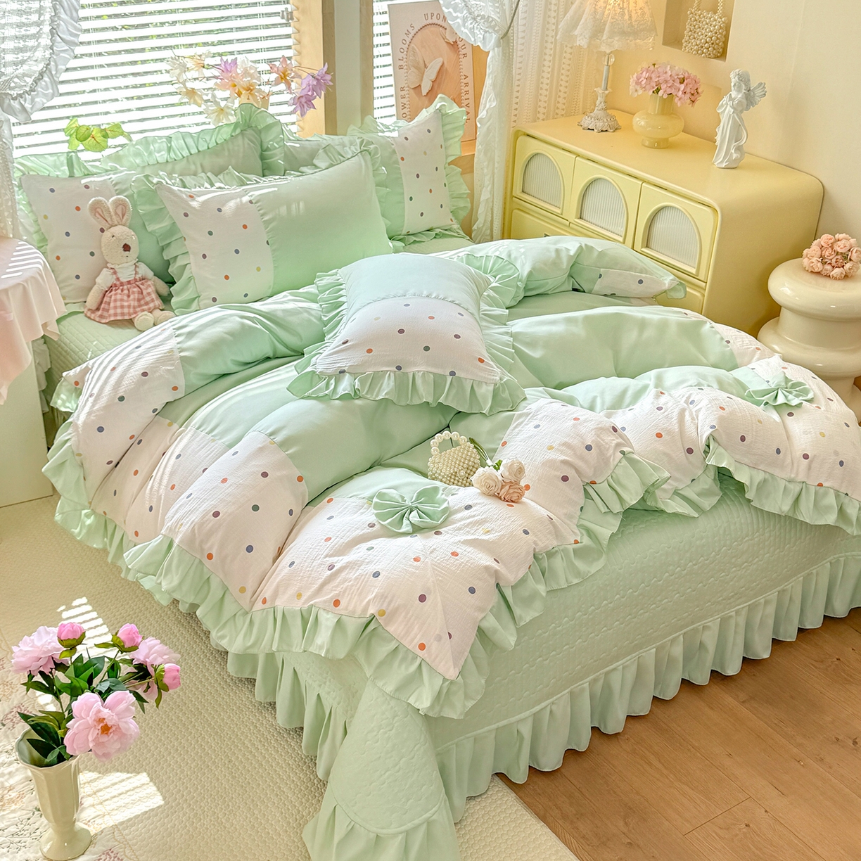 91家纺网 家纺一手货源 找家纺 唐人居 2026新款水洗棉花边床盖四件套-彩色波点 彩色波点-绿