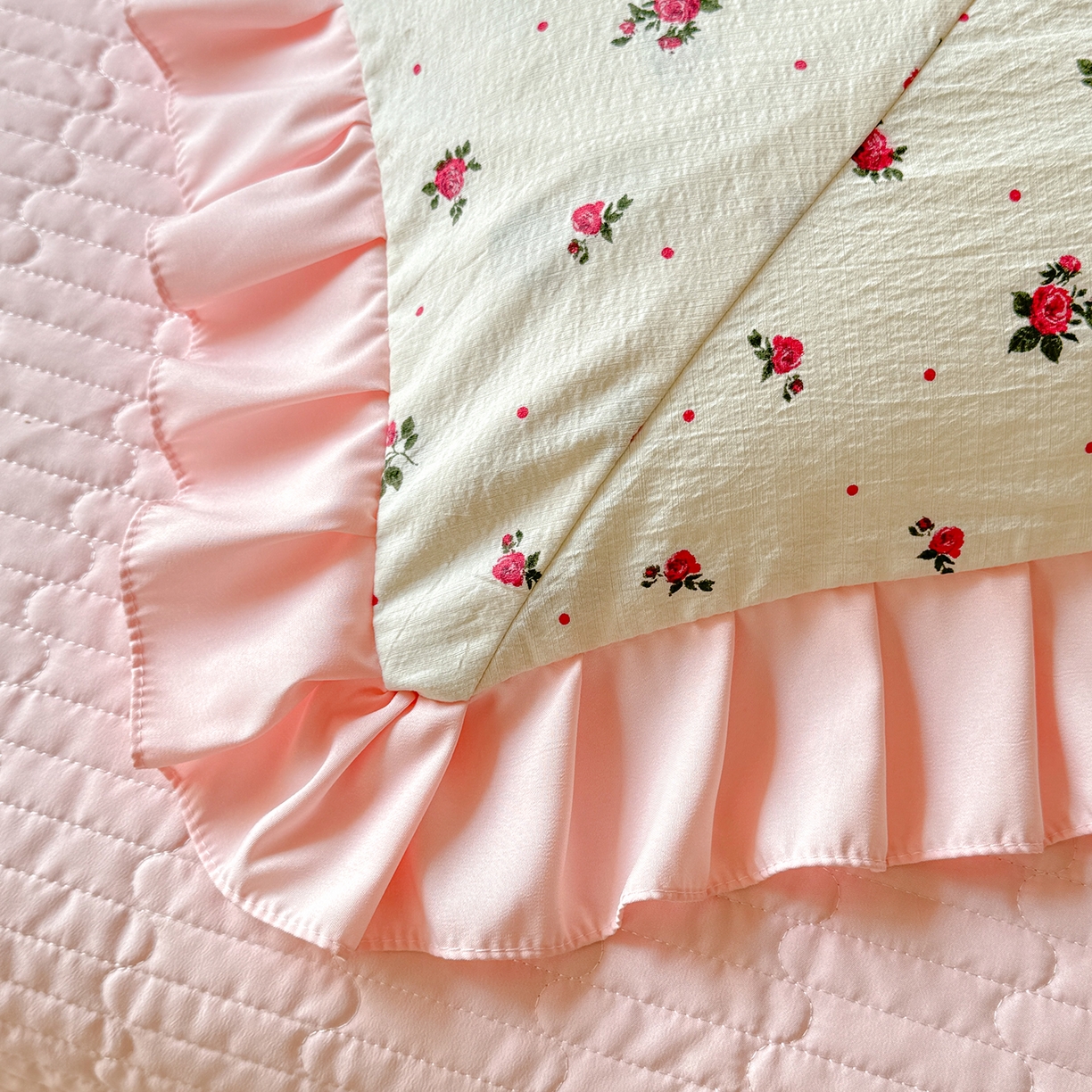 91家纺网 家纺一手货源 找家纺 唐人居 2026新款水洗棉花边床盖四件套-彩色波点 彩色波点-粉