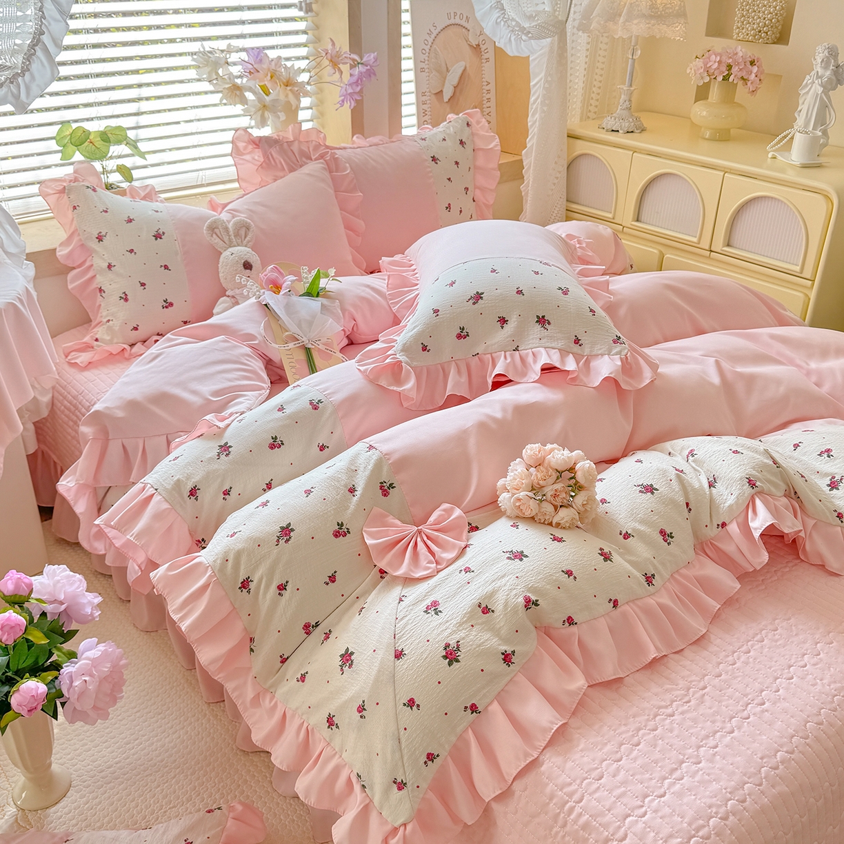 91家纺网 家纺一手货源 找家纺 唐人居 2026新款水洗棉花边床盖四件套-彩色波点 彩色波点-粉