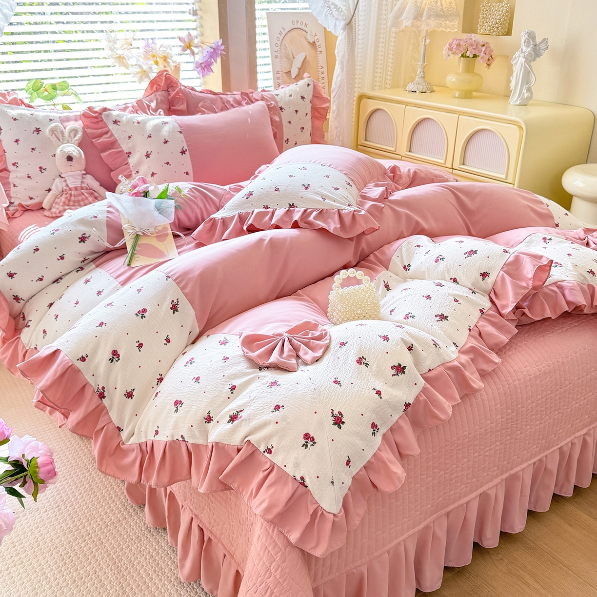 91家纺网 家纺一手货源 找家纺 唐人居 2026新款水洗棉花边床盖四件套-彩色波点 彩色波点-豆沙