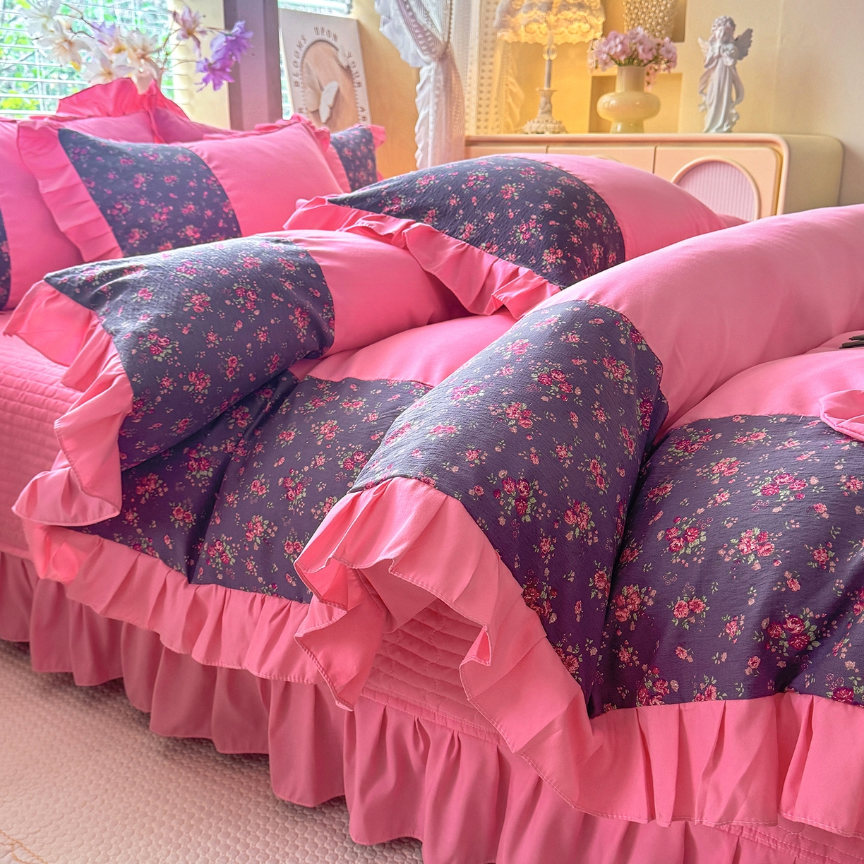 91家纺网 家纺一手货源 找家纺 唐人居 2026新款水洗棉花边床盖四件套-彩色波点 彩色波点-玫红