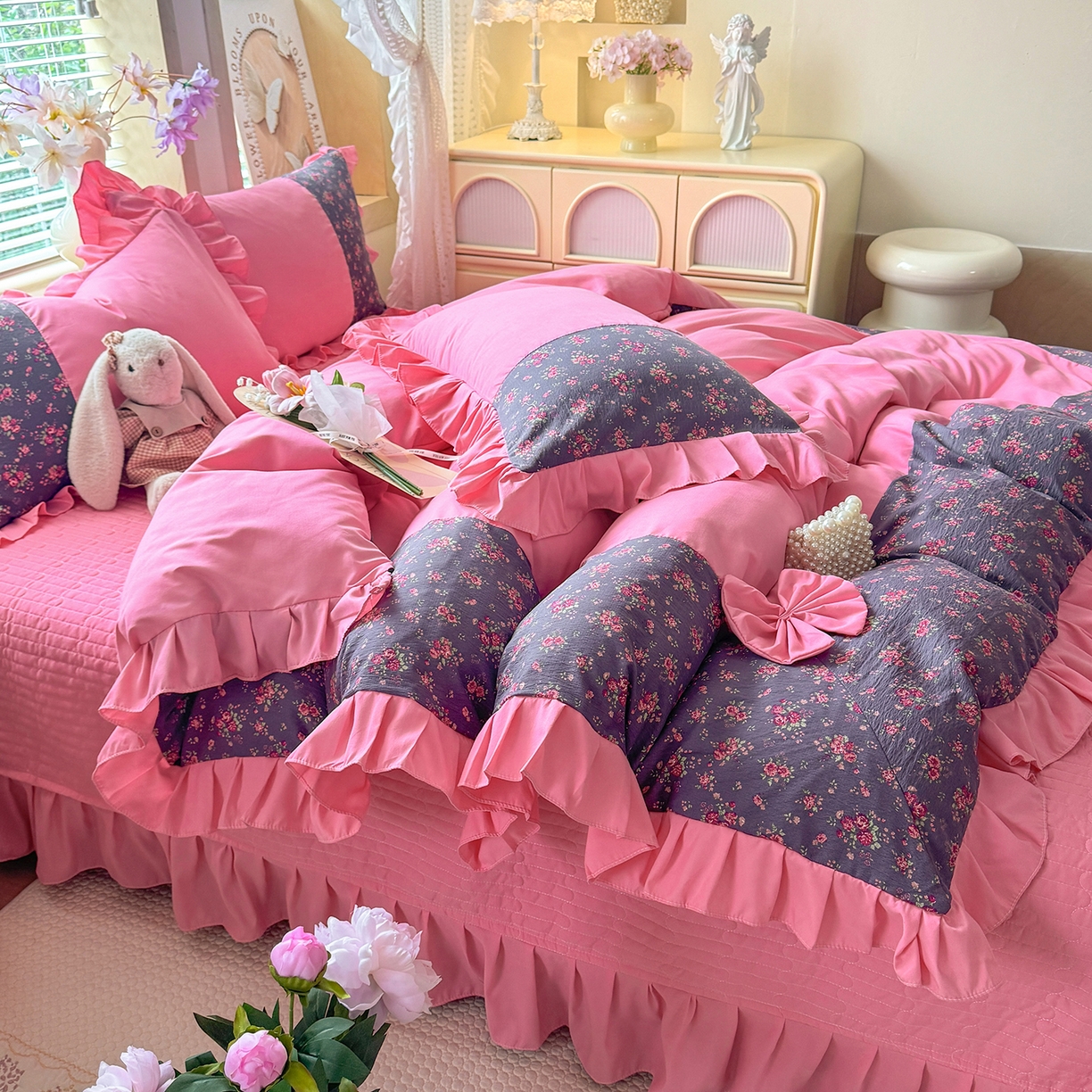 91家纺网 家纺一手货源 找家纺 唐人居 2026新款水洗棉花边床盖四件套-彩色波点 彩色波点-玫红