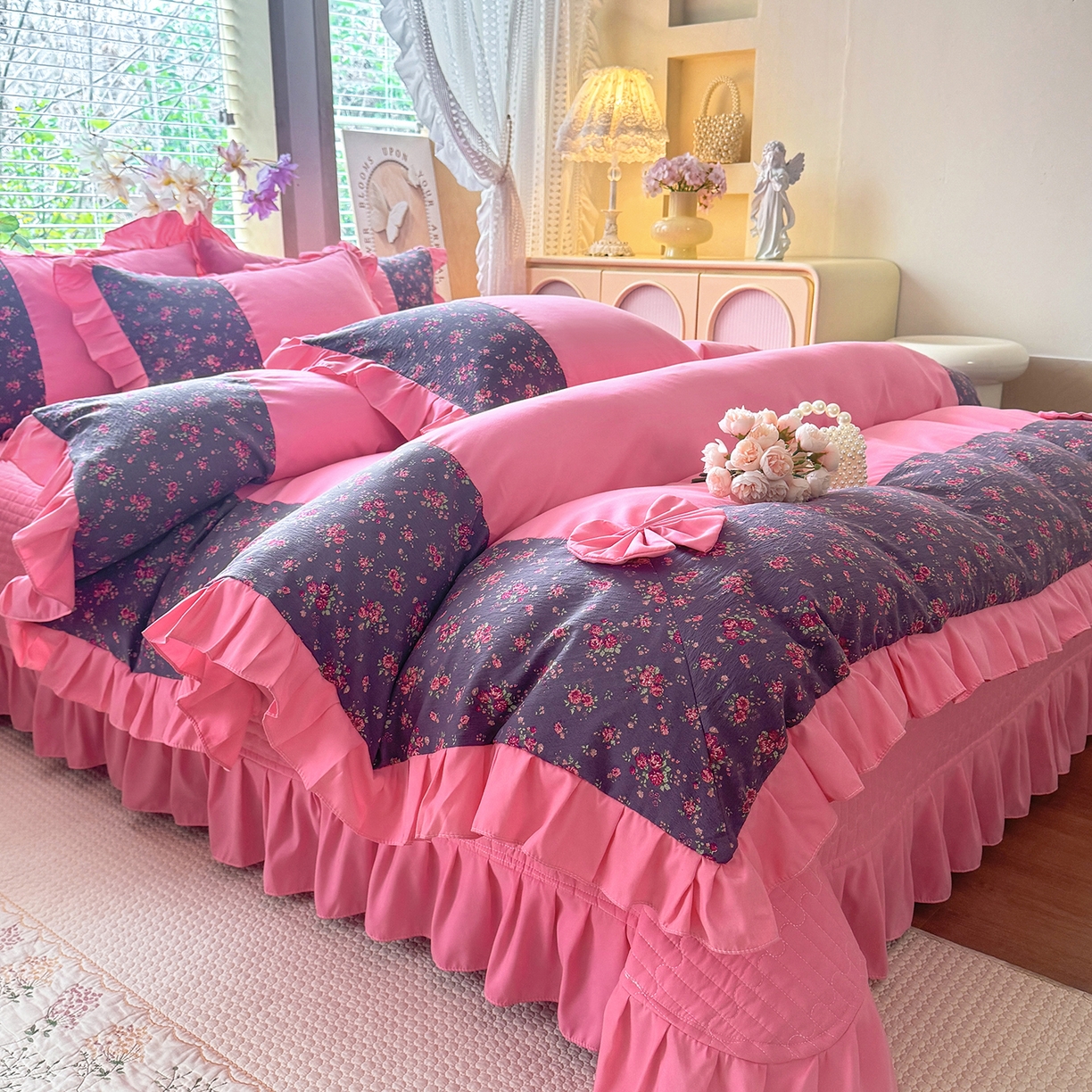 91家纺网 家纺一手货源 找家纺 唐人居 2026新款水洗棉花边床盖四件套-彩色波点 彩色波点-玫红