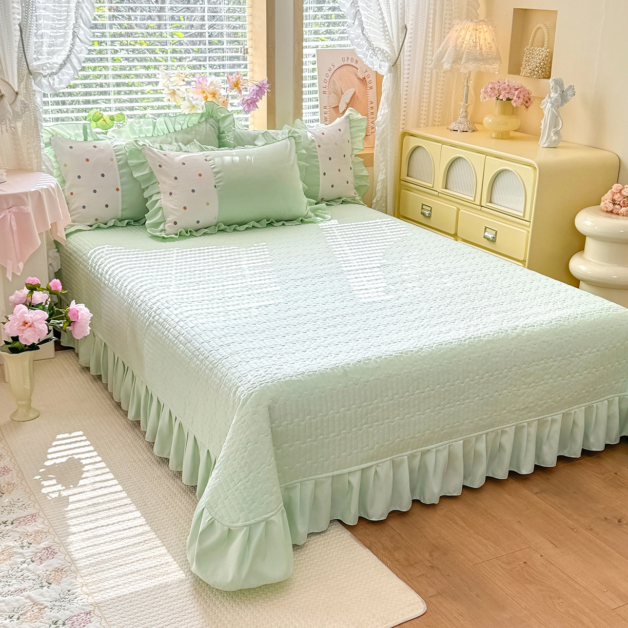 91家纺网 家纺一手货源 找家纺 唐人居 2026新款水洗棉花边床盖四件套-彩色波点 彩色波点-绿