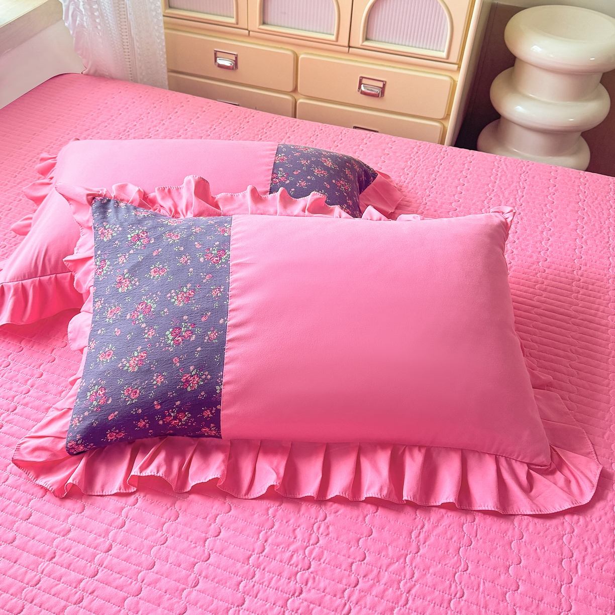 91家纺网 家纺一手货源 找家纺 唐人居 2026新款水洗棉花边床盖四件套-彩色波点 彩色波点-玫红