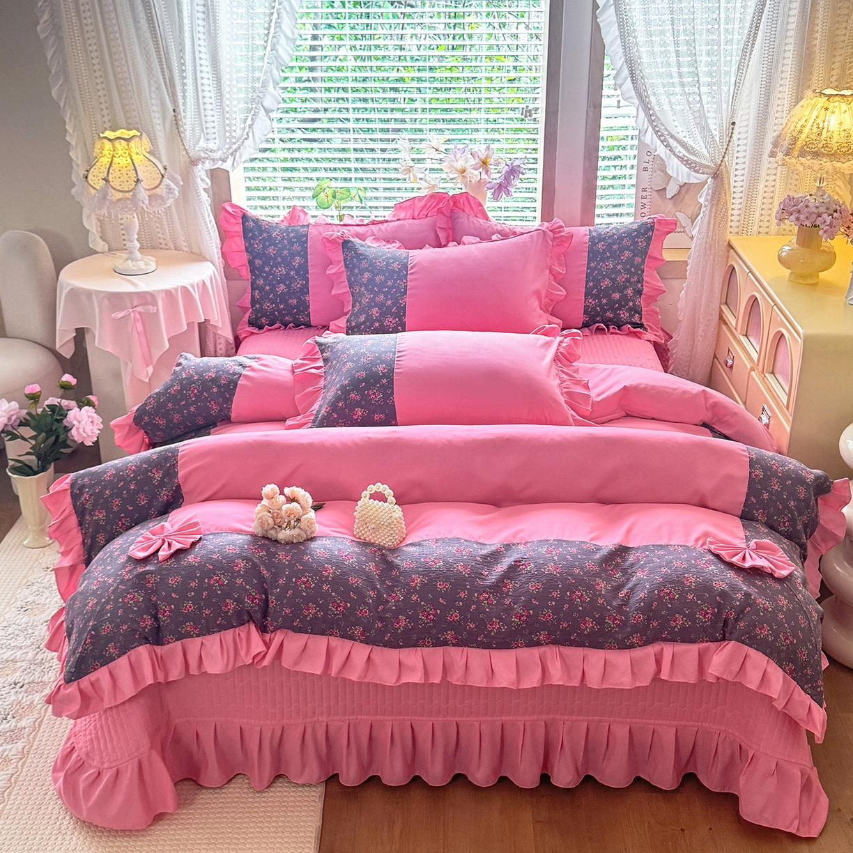 唐人居 2026新款水洗棉花边床盖四件套-彩色波点 彩色波点-玫红