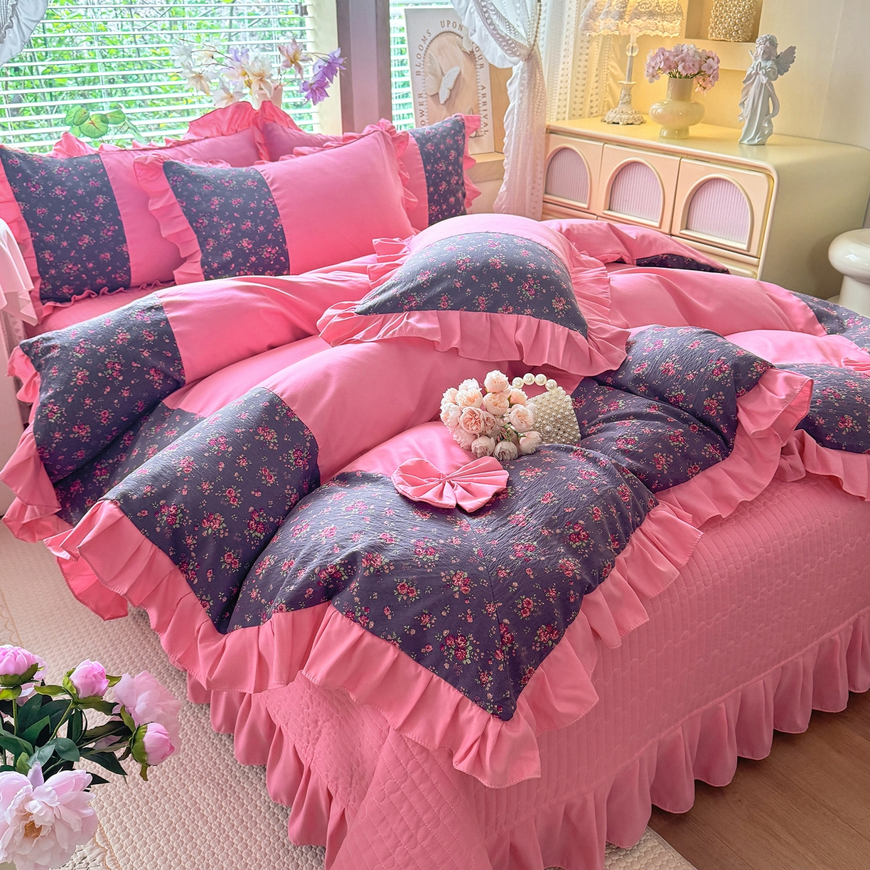 91家纺网 家纺一手货源 找家纺 唐人居 2026新款水洗棉花边床盖四件套-彩色波点 彩色波点-玫红