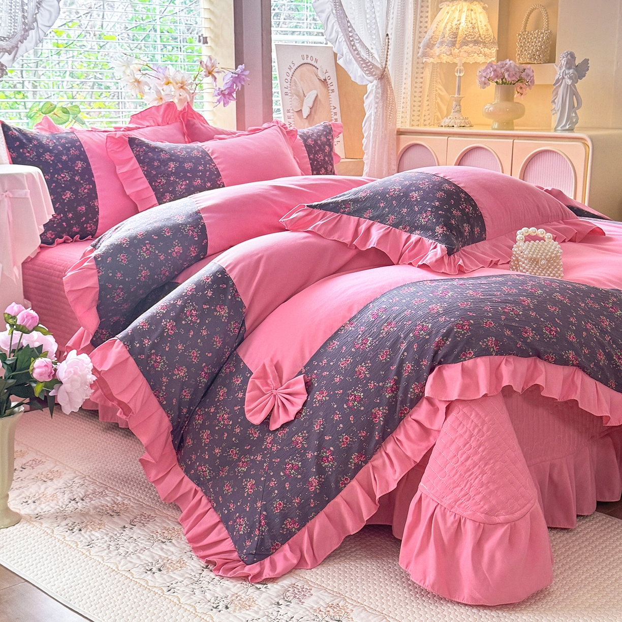 91家纺网 家纺一手货源 找家纺 唐人居 2026新款水洗棉花边床盖四件套-彩色波点 彩色波点-玫红