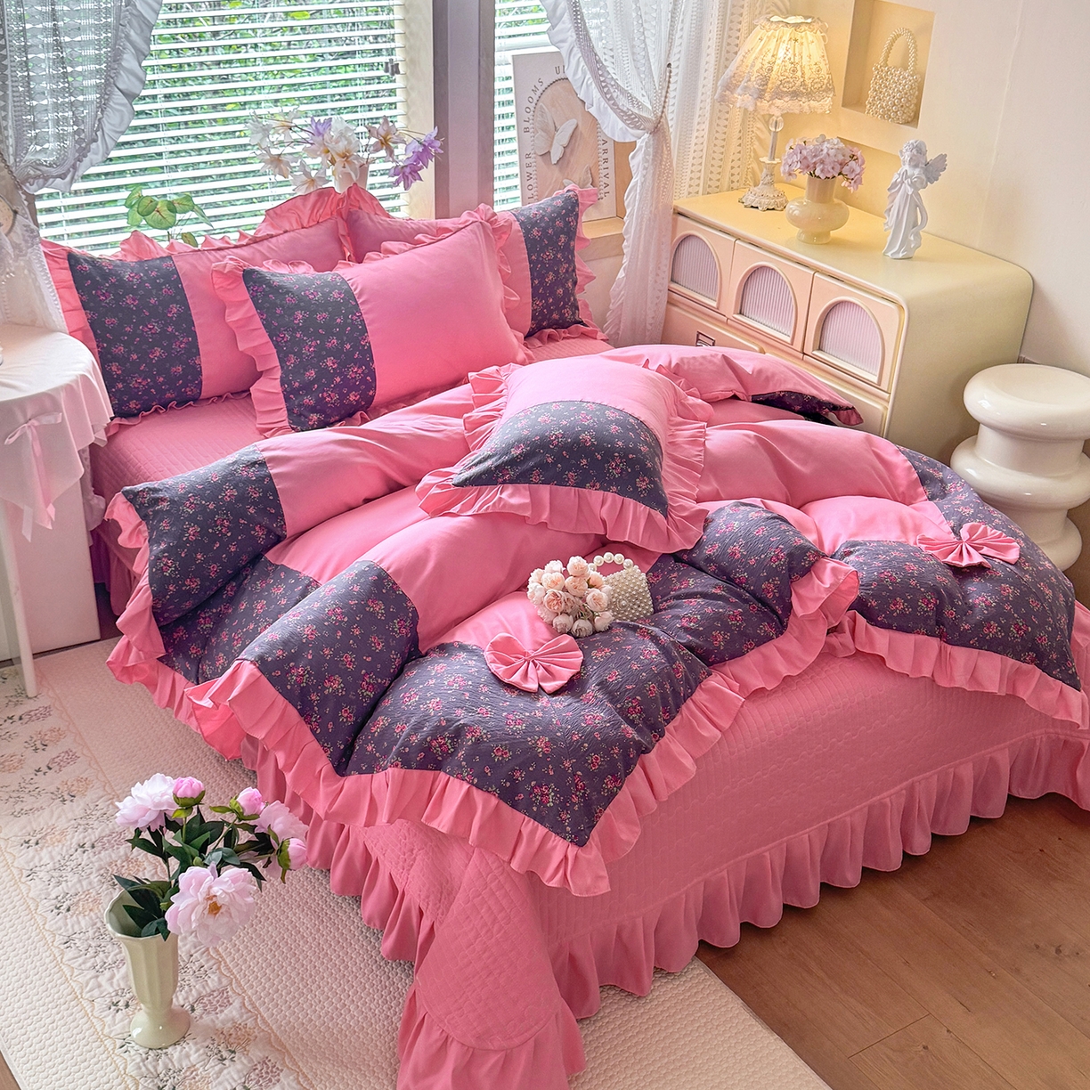 91家纺网 家纺一手货源 找家纺 唐人居 2026新款水洗棉花边床盖四件套-彩色波点 彩色波点-玫红