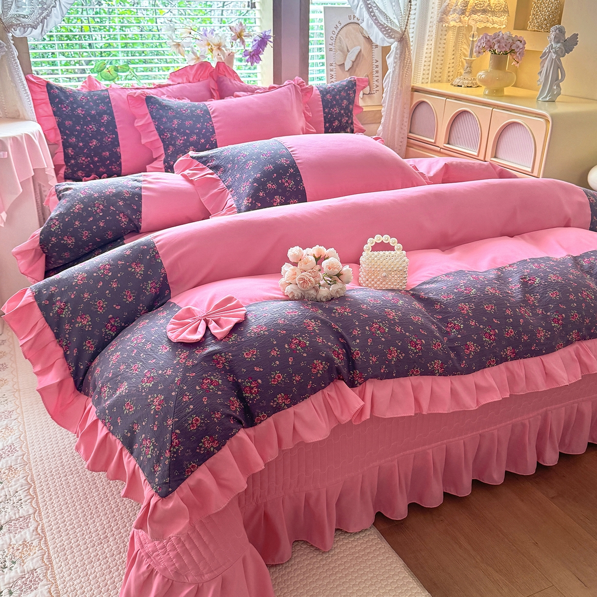 91家纺网 家纺一手货源 找家纺 唐人居 2026新款水洗棉花边床盖四件套-彩色波点 彩色波点-玫红