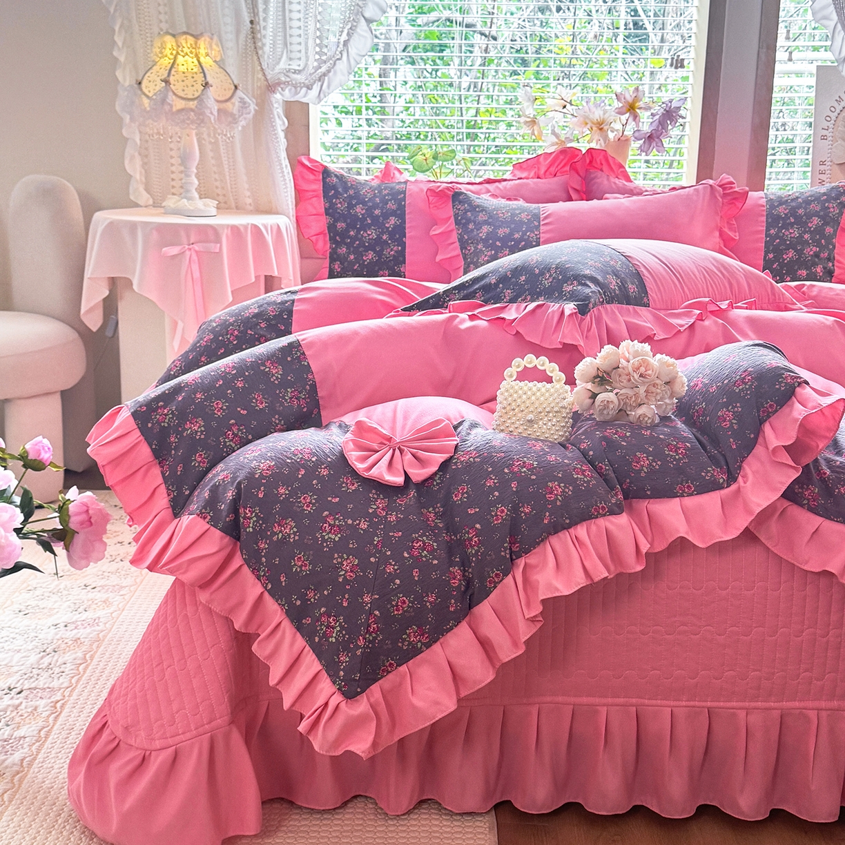 91家纺网 家纺一手货源 找家纺 唐人居 2026新款水洗棉花边床盖四件套-彩色波点 彩色波点-玫红