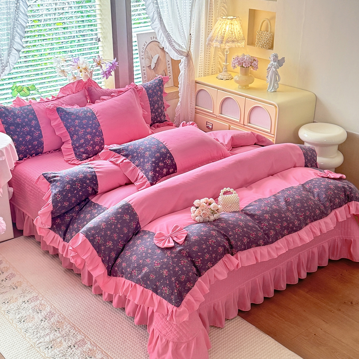 91家纺网 家纺一手货源 找家纺 唐人居 2026新款水洗棉花边床盖四件套-彩色波点 彩色波点-玫红