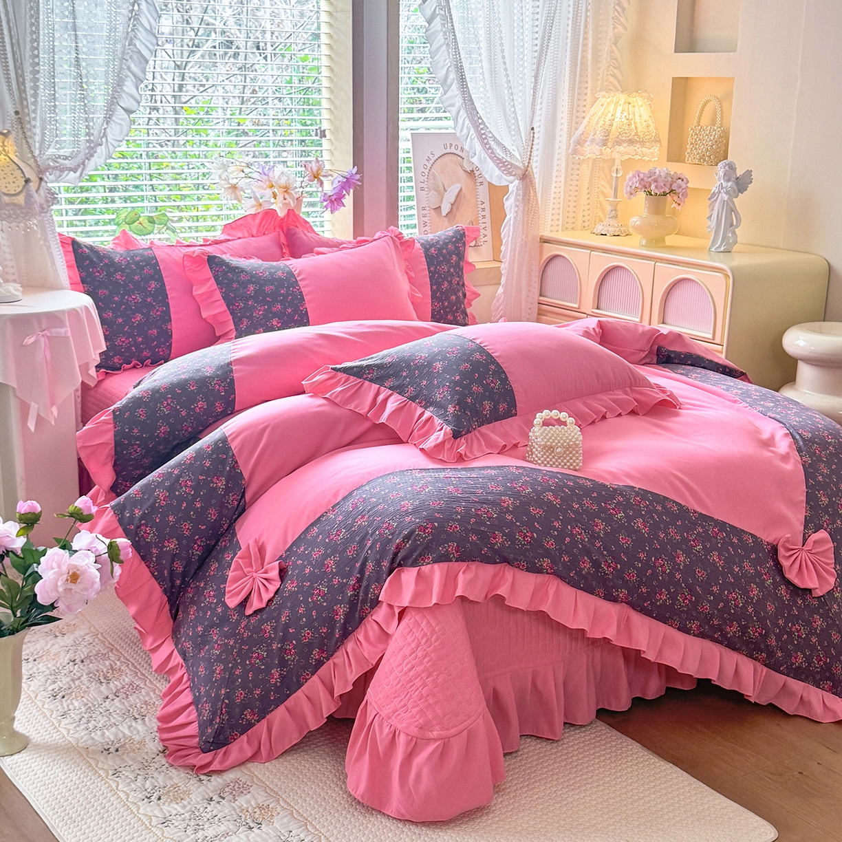 91家纺网 家纺一手货源 找家纺 唐人居 2026新款水洗棉花边床盖四件套-彩色波点 彩色波点-玫红