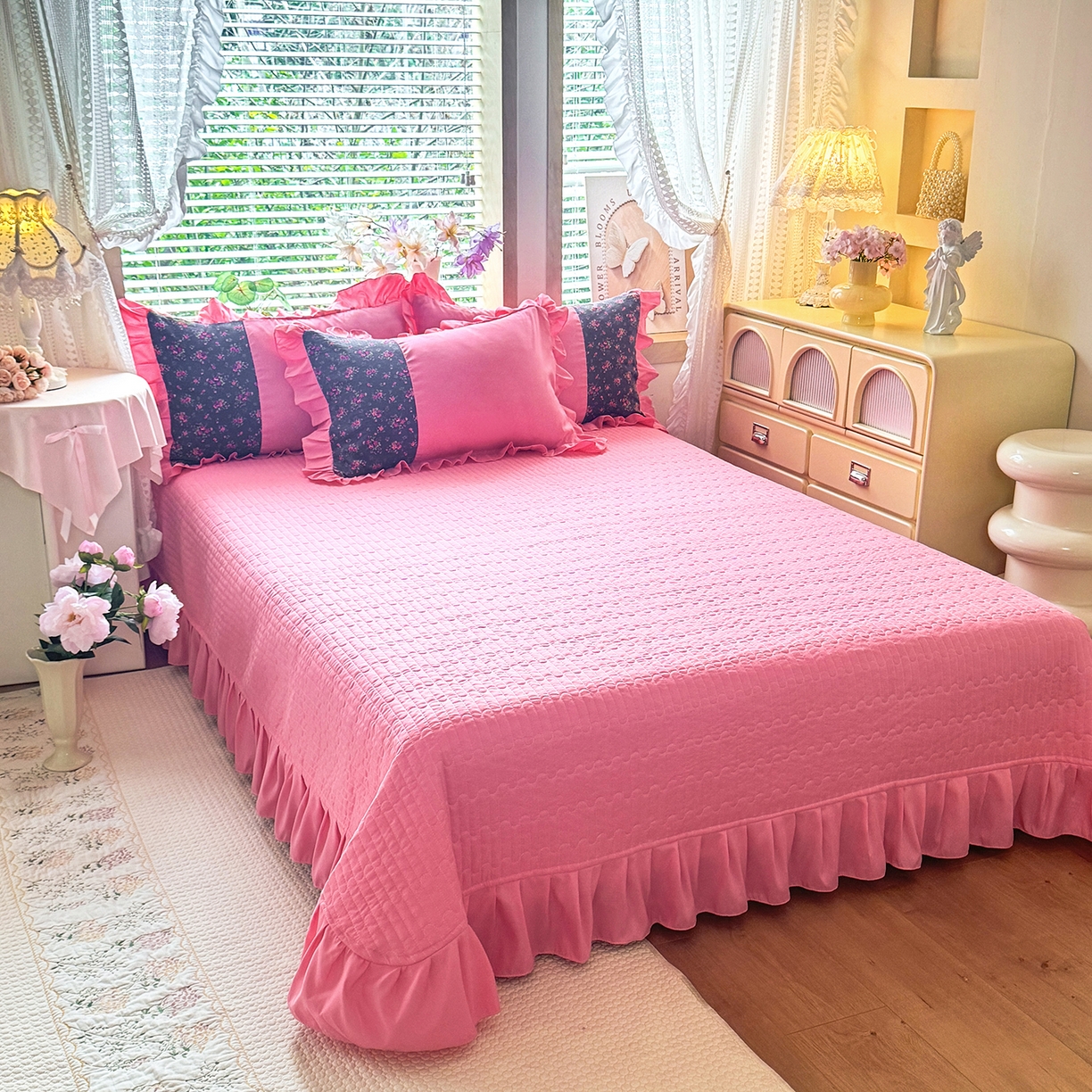 91家纺网 家纺一手货源 找家纺 唐人居 2026新款水洗棉花边床盖四件套-彩色波点 彩色波点-玫红