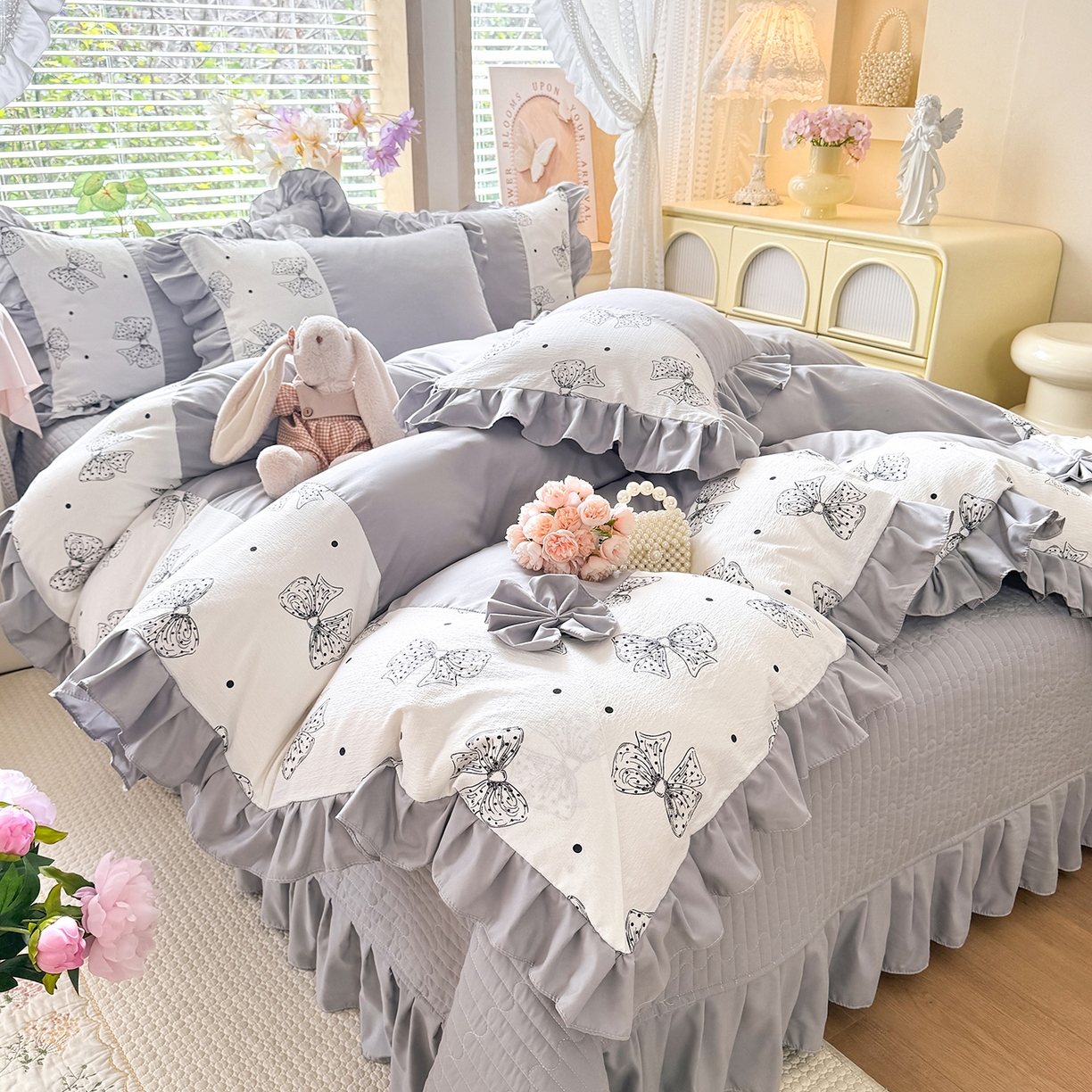 91家纺网 家纺一手货源 找家纺 唐人居 2026新款水洗棉花边床盖四件套-彩色波点 彩色波点-灰