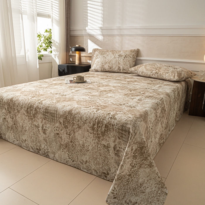 91家纺网 家纺一手货源 找家纺 爱彼家纺 2026新款纯棉提花A类新款老粗布夏季凉席单床单床单三件套-提花系列一 全棉提花-花影咖棕