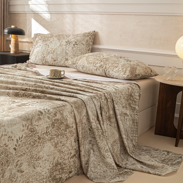 91家纺网 家纺一手货源 找家纺 爱彼家纺 2026新款纯棉提花A类新款老粗布夏季凉席单床单床单三件套-提花系列一 全棉提花-花影咖棕