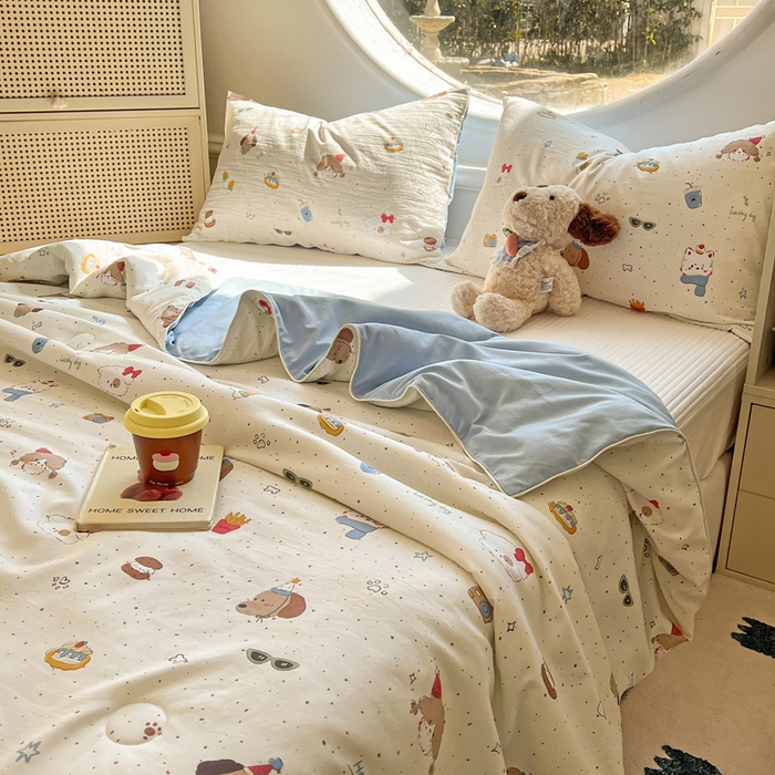 91家纺网 家纺一手货源 找家纺 苏羿家纺 2026春夏新款亲肤水洗棉印花夏被空调被夏凉被被子被芯 萌趣小狗