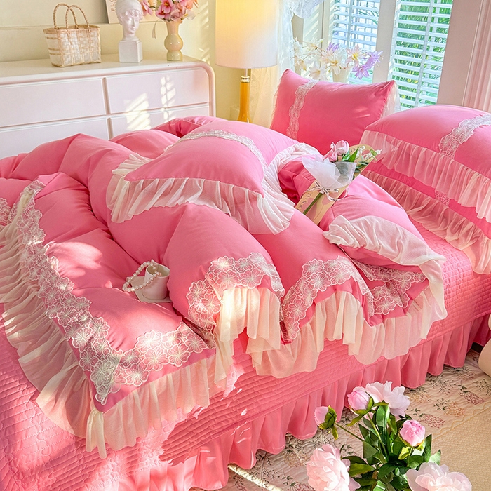 91家纺网 家纺一手货源 找家纺 唐人居 2026新款水洗棉花边床盖四件套-花影系列 花影-玫红