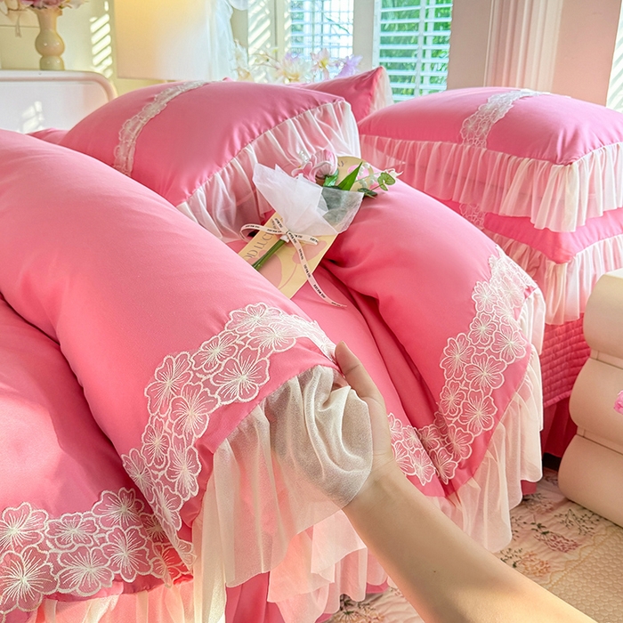 91家纺网 家纺一手货源 找家纺 唐人居 2026新款水洗棉花边床盖四件套-花影系列 花影-玫红