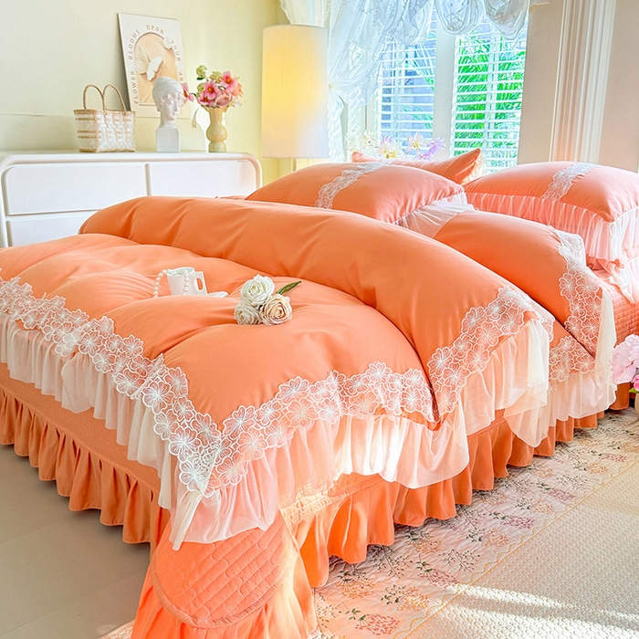 91家纺网 家纺一手货源 找家纺 唐人居 2026新款水洗棉花边床盖四件套-花影系列 花影-暖橘