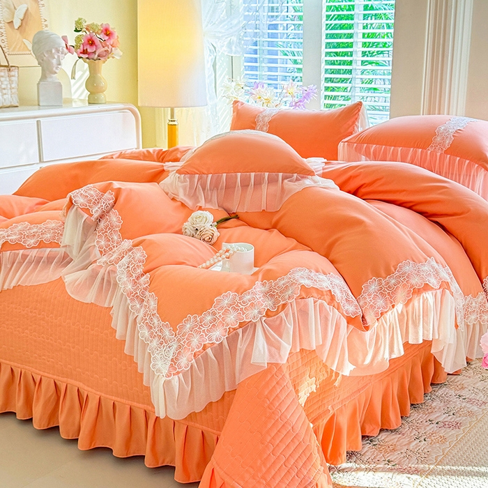 91家纺网 家纺一手货源 找家纺 唐人居 2026新款水洗棉花边床盖四件套-花影系列 花影-暖橘