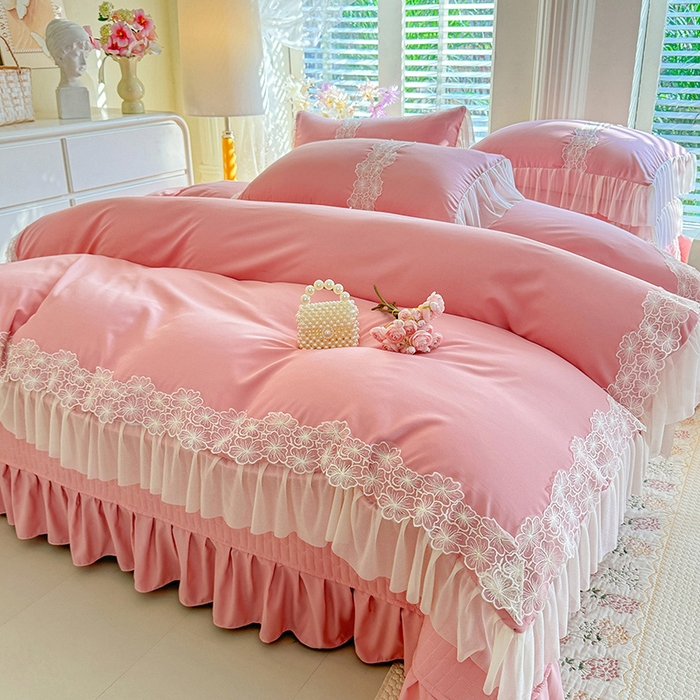 91家纺网 家纺一手货源 找家纺 唐人居 2026新款水洗棉花边床盖四件套-花影系列 花影-豆沙