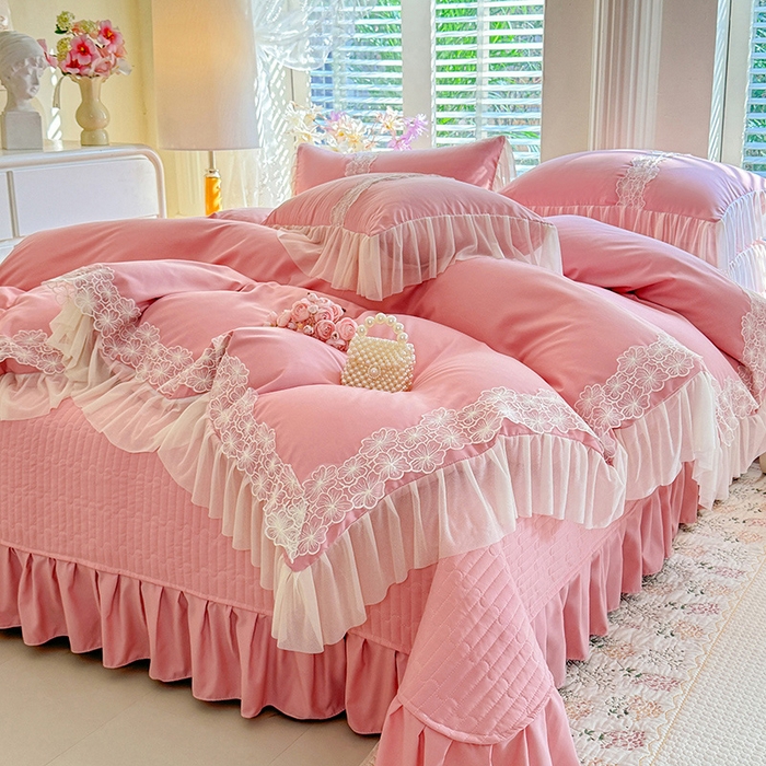 91家纺网 家纺一手货源 找家纺 唐人居 2026新款水洗棉花边床盖四件套-花影系列 花影-豆沙