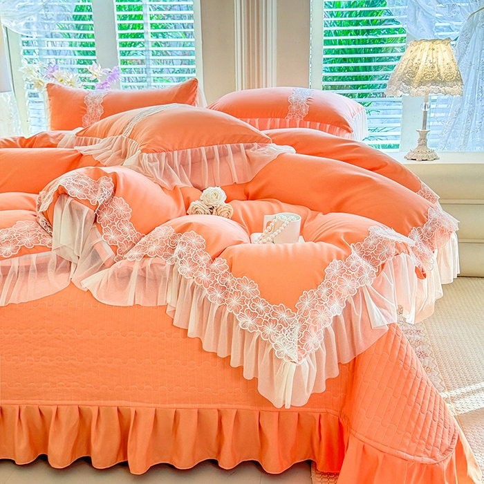 91家纺网 家纺一手货源 找家纺 唐人居 2026新款水洗棉花边床盖四件套-花影系列 花影-暖橘