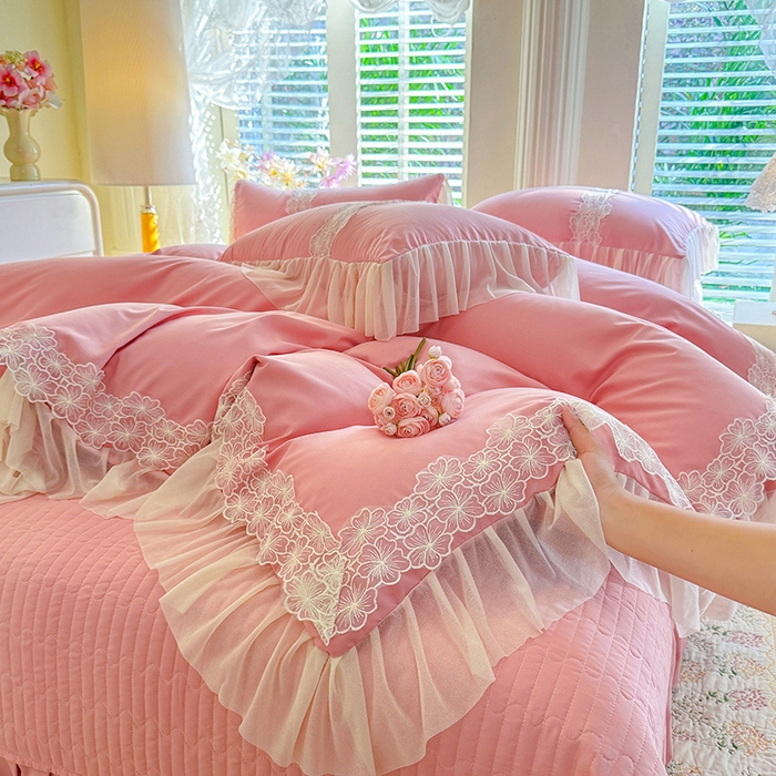 91家纺网 家纺一手货源 找家纺 唐人居 2026新款水洗棉花边床盖四件套-花影系列 花影-豆沙