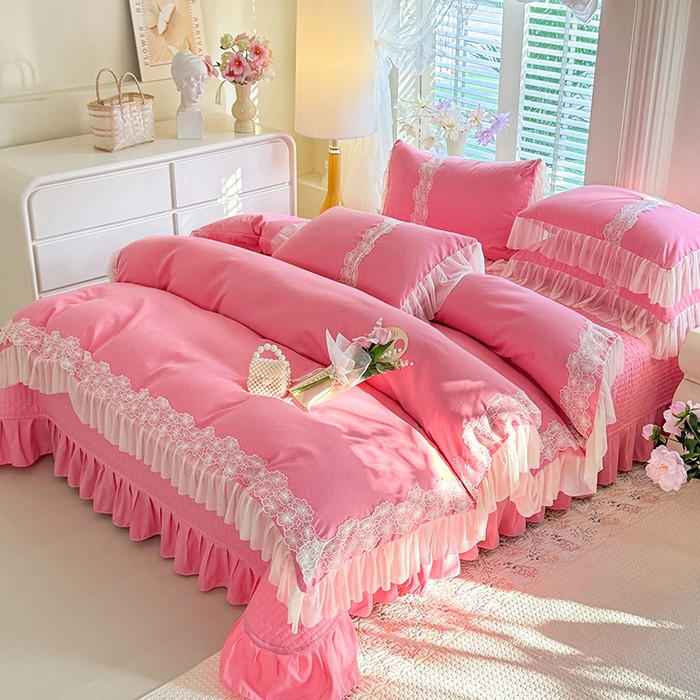 91家纺网 家纺一手货源 找家纺 唐人居 2026新款水洗棉花边床盖四件套-花影系列 花影-玫红