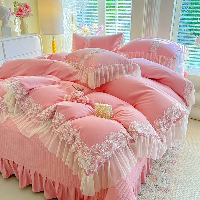 91家纺网 家纺一手货源 找家纺 唐人居 2026新款水洗棉花边床盖四件套-花影系列 花影-豆沙