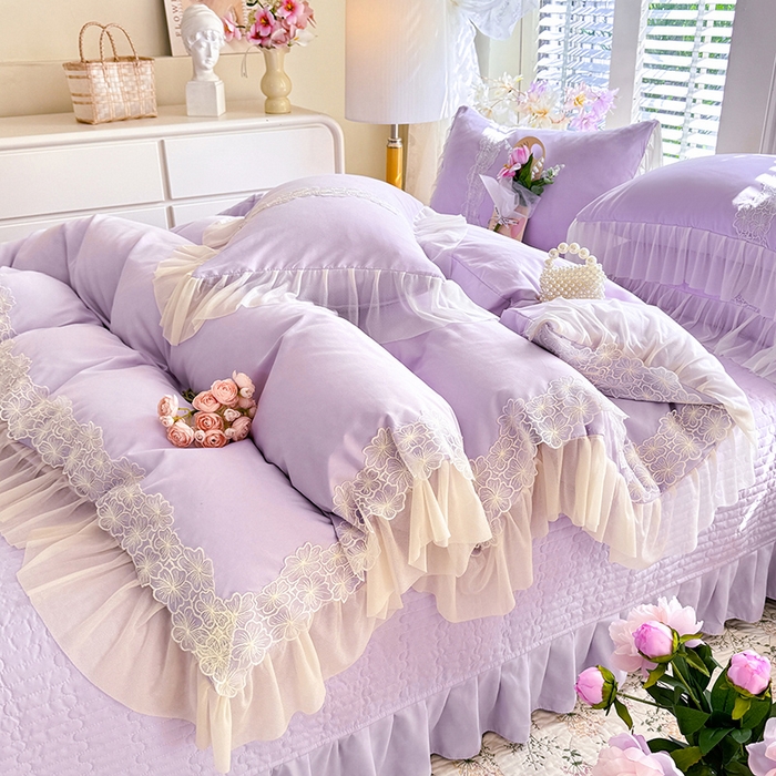 91家纺网 家纺一手货源 找家纺 唐人居 2026新款水洗棉花边床盖四件套-花影系列 花影-浅紫