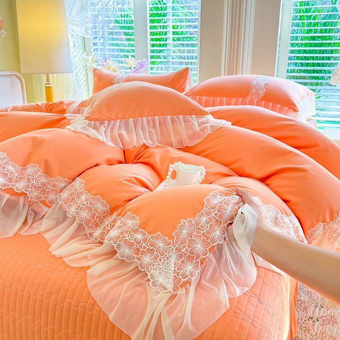 91家纺网 家纺一手货源 找家纺 唐人居 2026新款水洗棉花边床盖四件套-花影系列 花影-暖橘