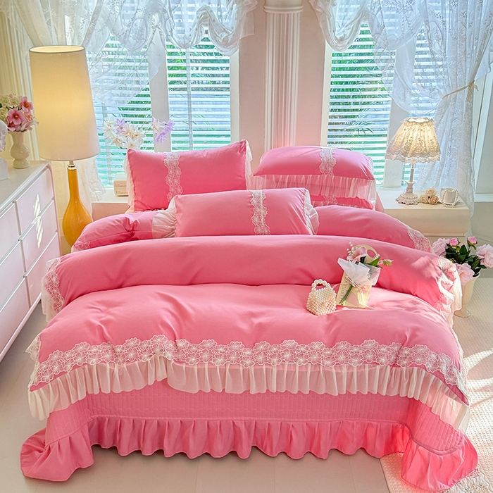 唐人居 2026新款水洗棉花边床盖四件套-花影系列 花影-玫红