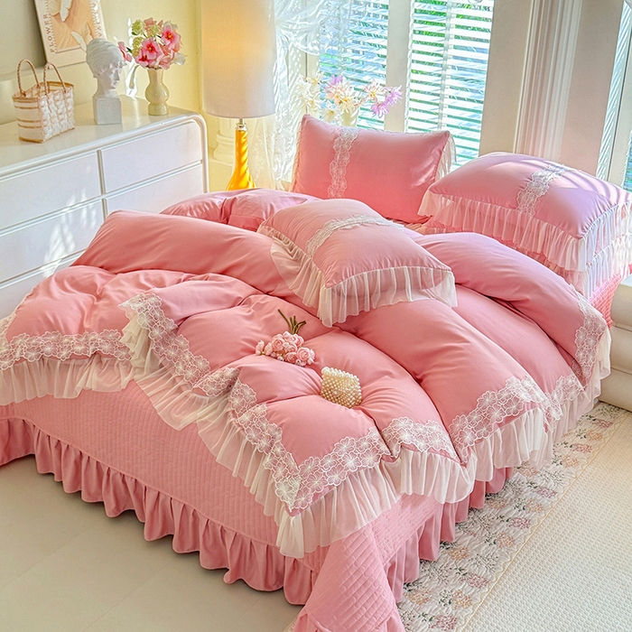 91家纺网 家纺一手货源 找家纺 唐人居 2026新款水洗棉花边床盖四件套-花影系列 花影-豆沙