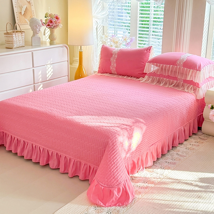 91家纺网 家纺一手货源 找家纺 唐人居 2026新款水洗棉花边床盖四件套-花影系列 花影-玫红