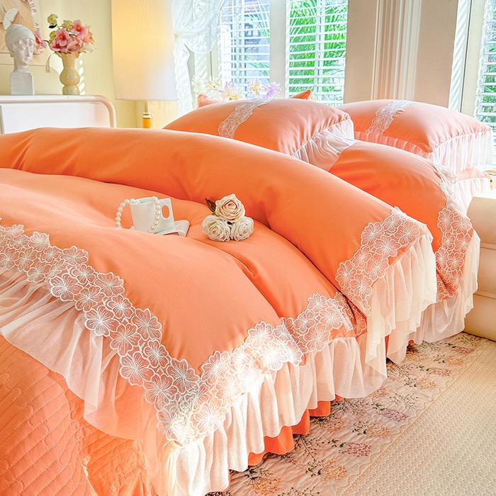 91家纺网 家纺一手货源 找家纺 唐人居 2026新款水洗棉花边床盖四件套-花影系列 花影-暖橘