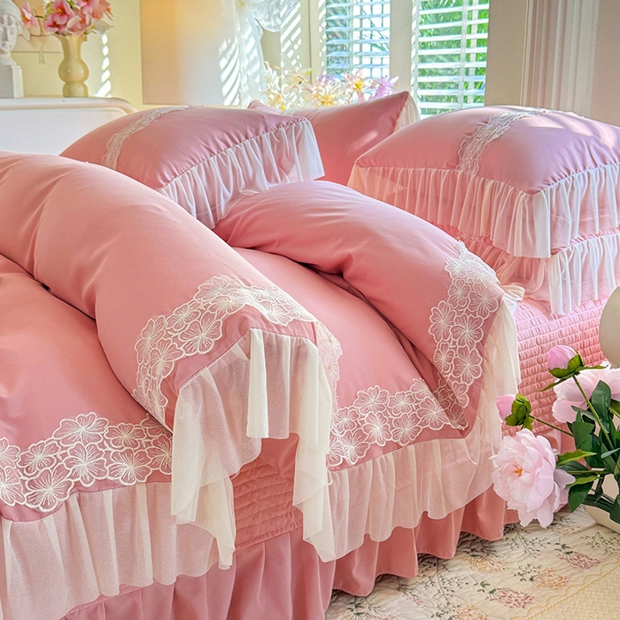 91家纺网 家纺一手货源 找家纺 唐人居 2026新款水洗棉花边床盖四件套-花影系列 花影-豆沙